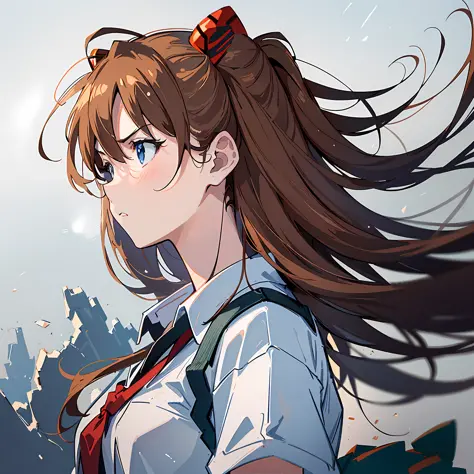 (masterpiece, best quality), asuka, 1 girl, hair fluttering in the wind, tsundere expression, angry, ruffling hair, wallpaper, w...