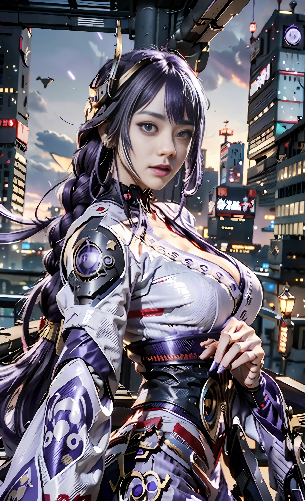 Unreal Engine 5 Realistic Render, ((portrait:1.2)), RaidenShogun, detailed clothes, white clothes, blunt bangs, braid, (huge breasts:1.1), cleavage, wide-sleeved kimono, hair ornament, white japanese clothes, (red obi:1.4), (purple hair:1.4), very long hair, straight hair, detailed face, cool face, (smooth chin:0.85), closed mouth, long eyelashes, sharp eyes, looking at viewer, beautiful eyes, detailed eyes, thick eyebrows, red eyeshadow, symmetry eyes, (ulzzang-6500:0.7), skirt, (from below:1.1), (cyberpunk city:1.4), from side, (rooftop:1.5), (star \(sky\):1.3), photon mapping, physically-based rendering, RAW photo, highly detailed background, high res, perspective, beautiful face, top body is hyper realistic thicc muscle and hyper largest_breasts!! with the type of boobs_melons, lower is huge buttocks, wet shiny body