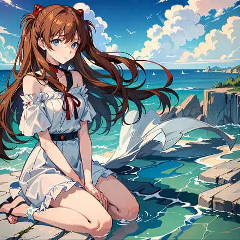 (masterpiece, best quality), asuka, 1 girl, hair fluttering in the wind, tsundere emoji, wallpaper, seaside background, solid ba...