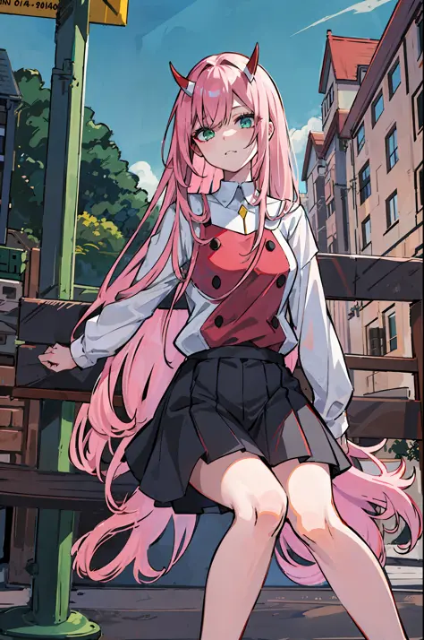 zero two \(darling on franxx\), darling on franxx, 1girl, bangs, bite, shadow, green eyes, hair behind head, horns, long hair, l...