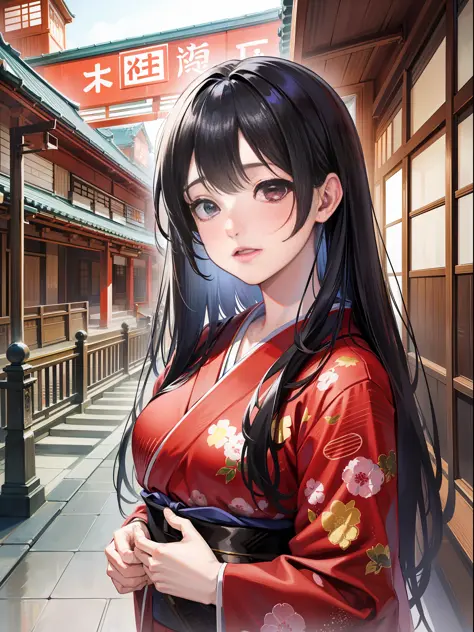 Japan beautiful woman,
(masterpiece, sidelight, beautiful eye of detail: 1.2), portrait, realistic, 3D face, shiny skin,
Japan red kimono, black long hair, dull bangs,
Japan house, standing, cowboy shot,
portrait