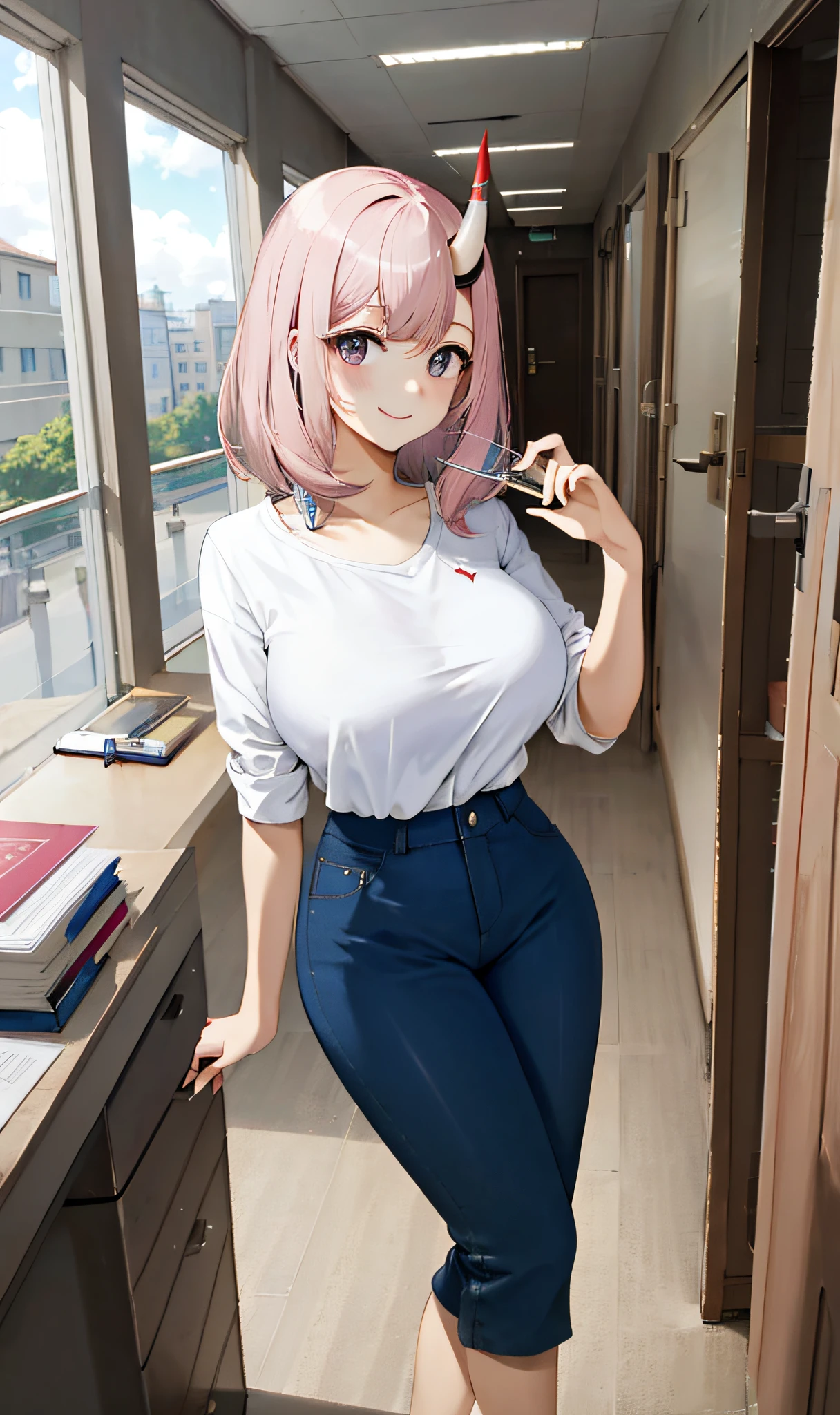 ((Masterpiece, Best Quality)), (1 person), (()), Pale Pink Hair, Hello, Horn, (OL)), Bangs, Medium, (Breast Augmentation), Slim, Smile, [Wide Hips], Office, Standing, There \ (Blue Archive)