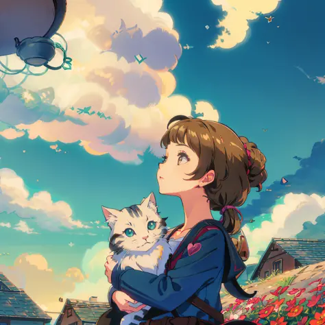 Girl holding cat looking at the clouds, highest quality, masterpiece