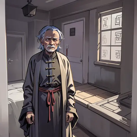 old man, room, taoist dress, horror atmosphere, sense of shade, sense of desolation, doomsday atmosphere, cold colors, dim light...