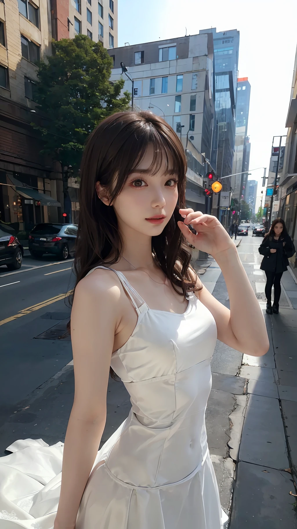 ((Realistic lighting, Best quality, 8K, Masterpiece: 1.3)), Focus: 1.2, 1girl, Perfect Figure: 1.4, Slim Abs: 1.1, ((Dark brown hair)), (White dress: 1.4), (Outdoor, Night: 1.1), City streets, Super fine face, Fine eyes, Double eyelids,