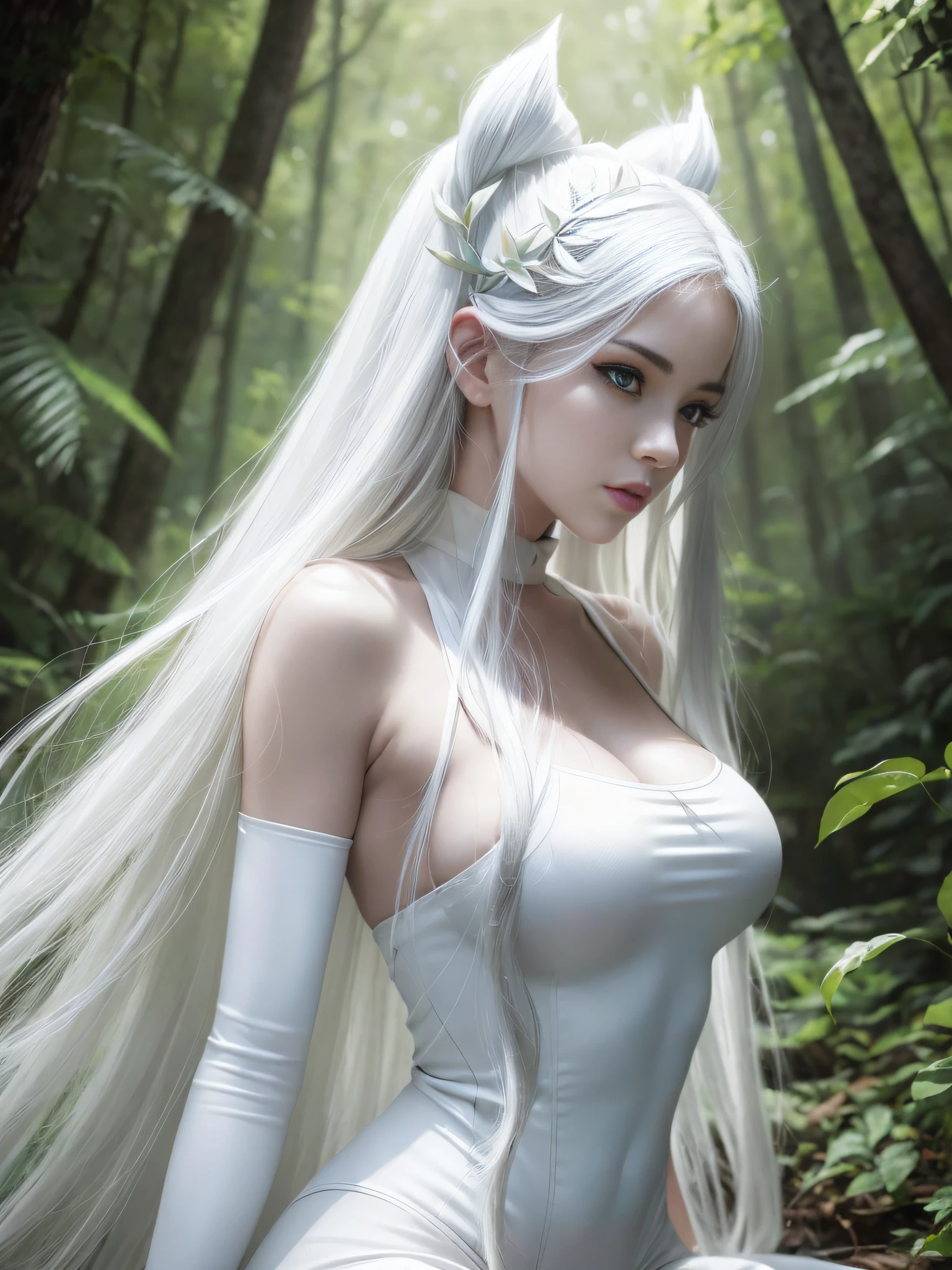 숲에서 포즈를 취하는 흰색 바디수트를 입은 아라페드 여자, 상세한 흰색 긴 머리, 하얀 긴 머리를 가진, 흰머리를 가진 티파 록하트, 길고 흰 머리를 가진, 윤기나는 하얀 피부, DeviantArt Artstation CGScosiety, cgstation에서 인기, 팬아트 최고의 아트스테이션, 마법의 숲의 섹시한 하녀, :: 로스 드로우, 완벽한 백발의 소녀