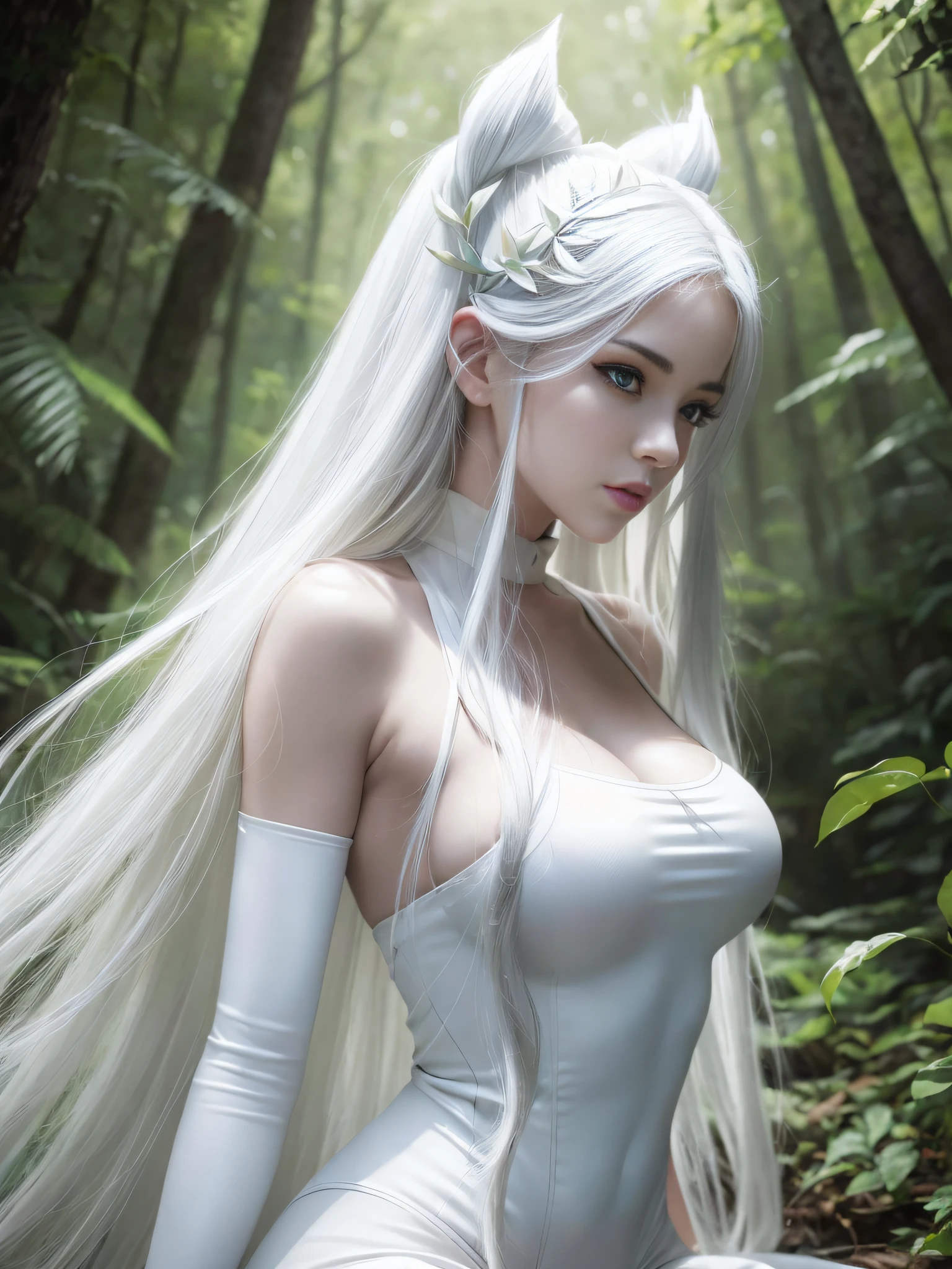 arafed woman in a white bodysuit posing in a forest, detailed white long hair, with white long hair, tifa lockhart with white hair, with long white hair, shiny white skin, deviantart artstation cgscosiety, trending on cgstation, fanart best artstation, a sexy maid in a magical forest, :: rossdraws, perfect white haired girl