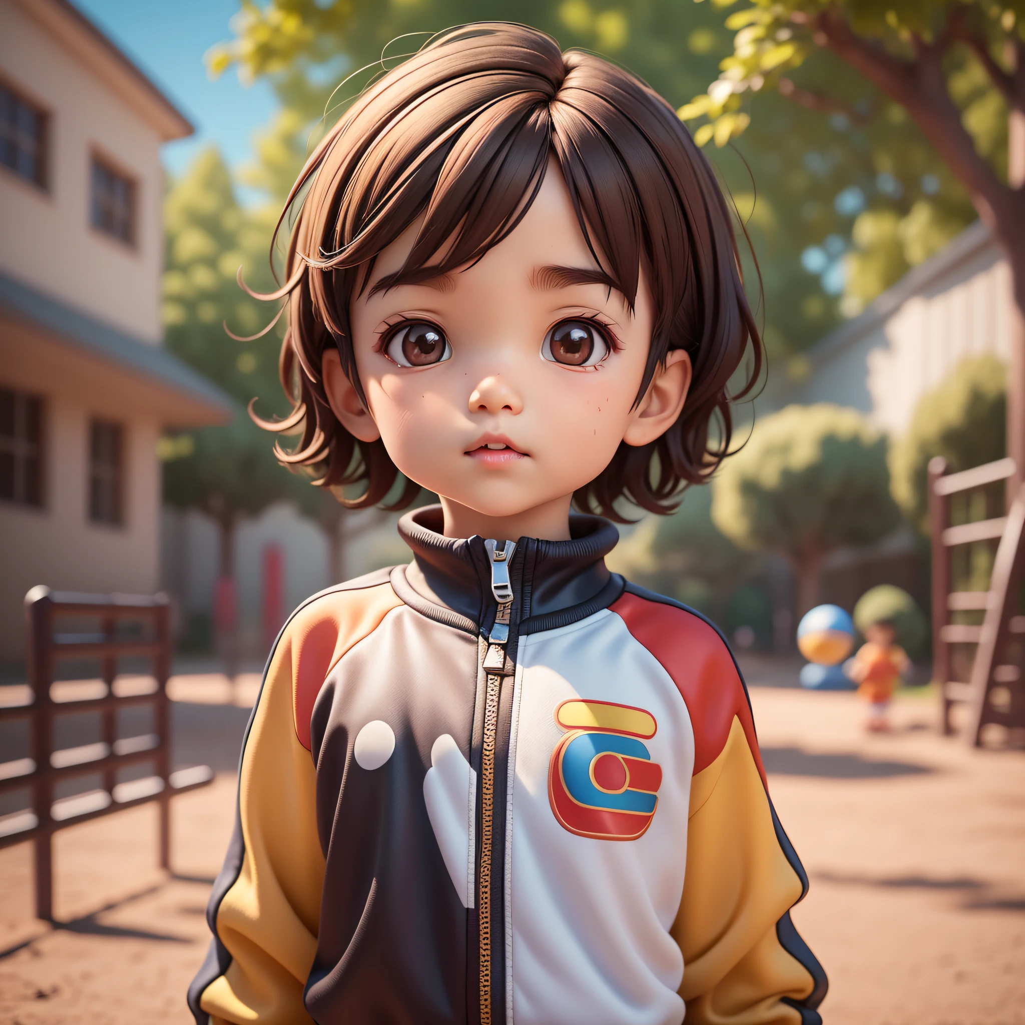 (Pixar 1.23 style) 1 boy ((upper body front, bust shot)), solo, cute kid, brunette, pretty tracksuit, boy, korean , playground, ((masterpiece, highest quality)), (composite lighting)