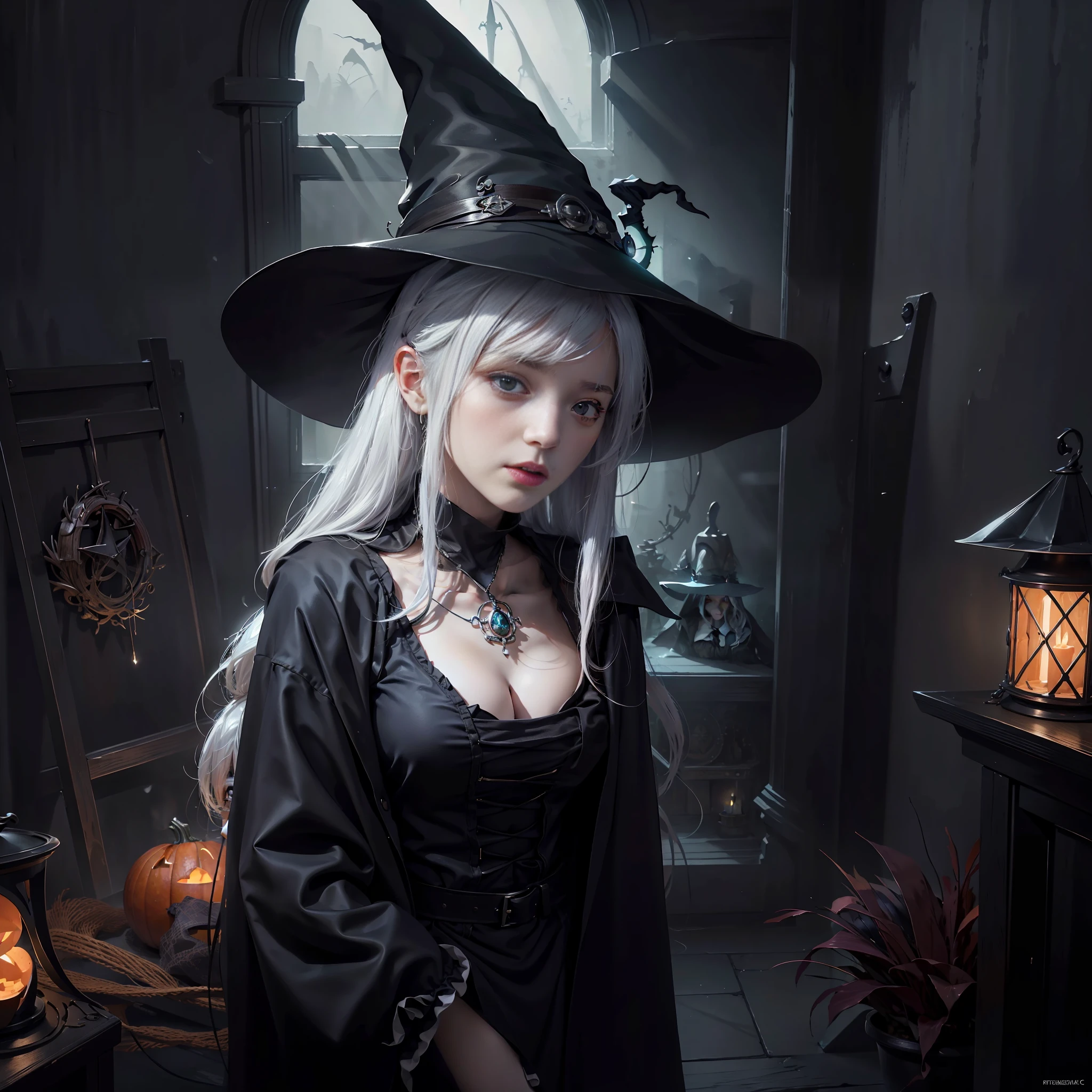 (masterpiece), (best quality), photorealism, realistic, ultra detailed, 8k resolution, (1girl), solo, beautiful girl, white hair, witch, front light, cinematic light, cold light, dark background, witch hat, indoor, mystery, fantasy, pumkin