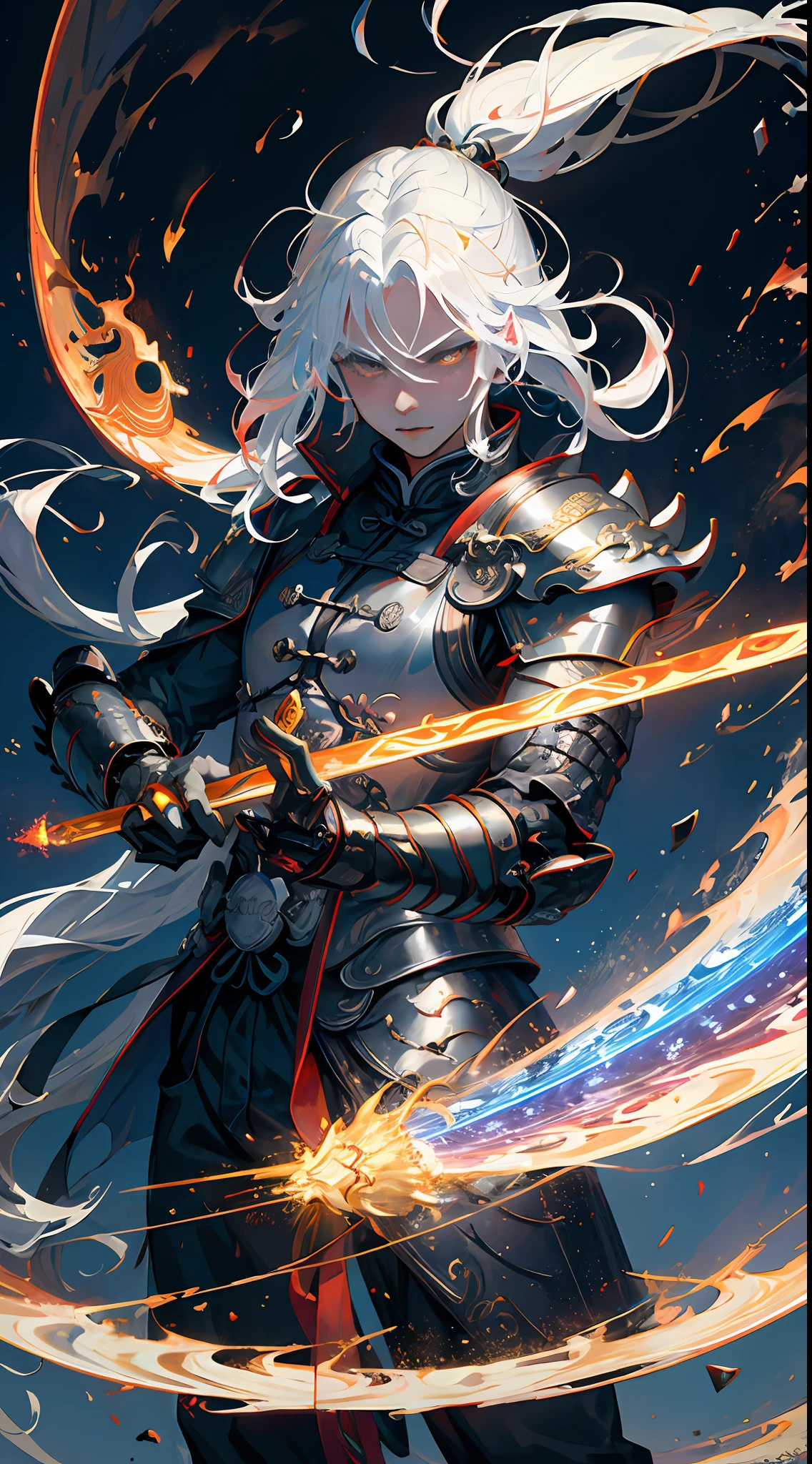 Magical background, mysterious, Chinese Taoism, 1 man, white long hair, black magic surround,, breathing_fire,armor,white hair,