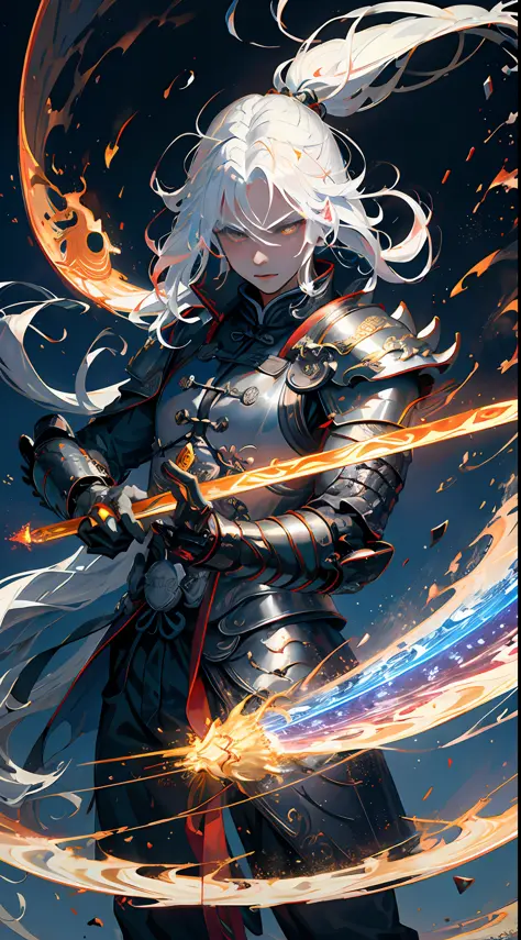 Magical background, mysterious, Chinese Taoism, 1 man, white long hair, black magic surround,, breathing_fire,armor,white hair,