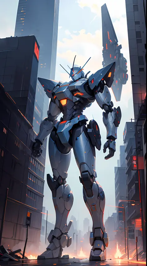 sky, cloud, holding_weapon, no_humans, glowing, robot, building, glowing_eyes, mecha, science_fiction, city, realistic,mecha