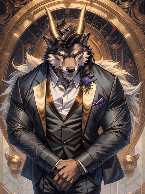 there is a man in a suit with horns on his head, masterpiece anthro portrait, furry character portrait, commission for high res,...