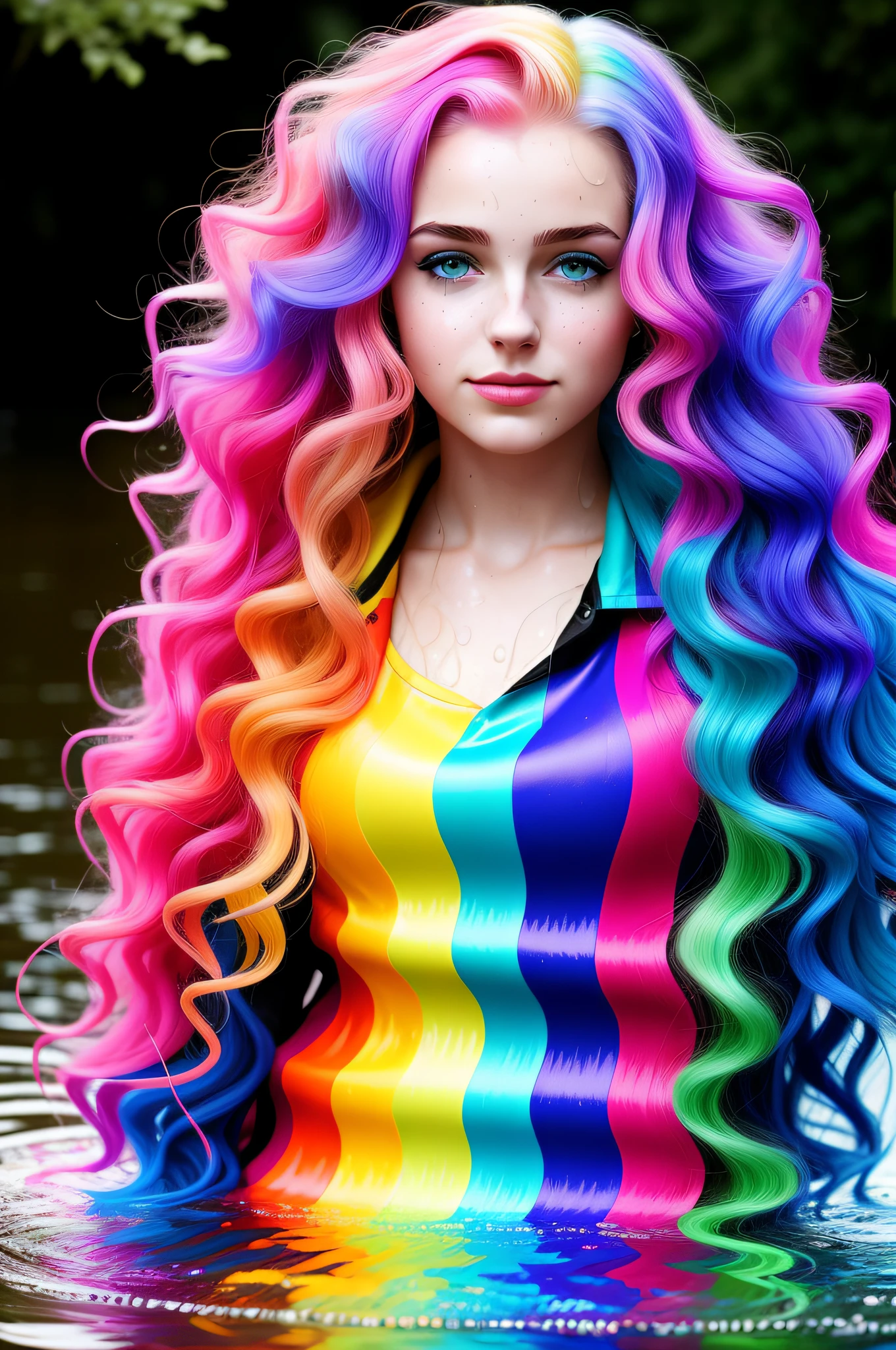 a woman with colorful hair standing in a stream of water, the curls are smeared with paint of different colors rainbow, a cute and beautiful young woman, hyper real photo, she is wearing a wet coat, beautiful young catgirl, dripping technique, discord pfp, 10 bit colour, neatly coming out of her head, spray, hdr, 8k