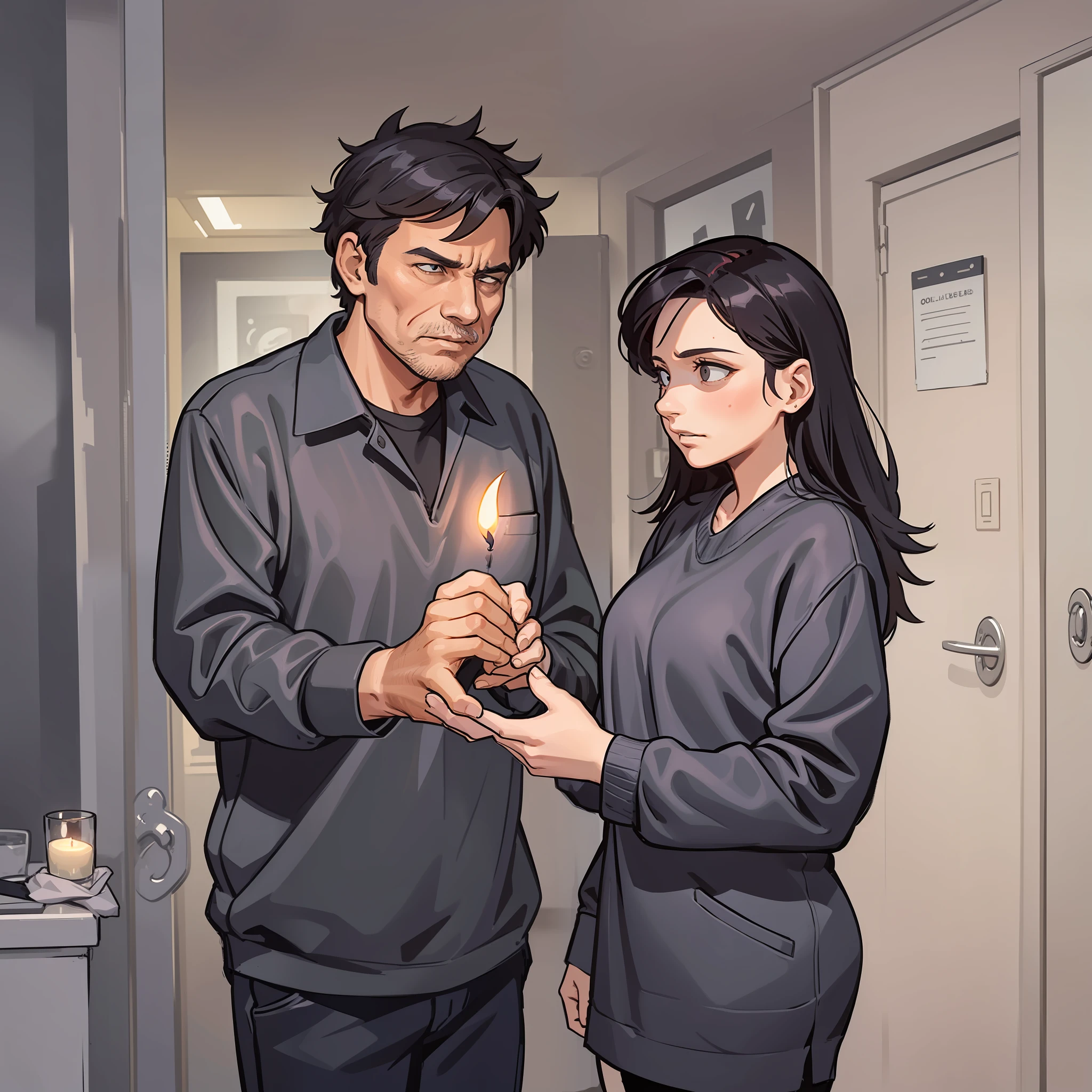 Middle-aged man and middle-aged woman, wearing gray long-sleeved clothes, skinny, black inch, looking at each other, in the room, at night, horror atmosphere, sense of coolness, sense of desolation, doomsday atmosphere, flat lines, dim environment, only candle light