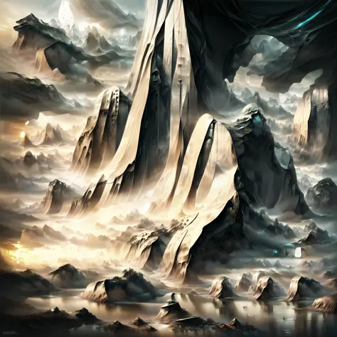 there is a digital painting of a mountain with a waterfall, symmetrical epic fantasy art, organic matte painting, most epic land...