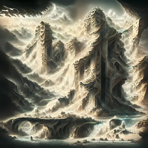 there is a digital painting of a mountain with a waterfall, symmetrical epic fantasy art, organic matte painting, most epic land...