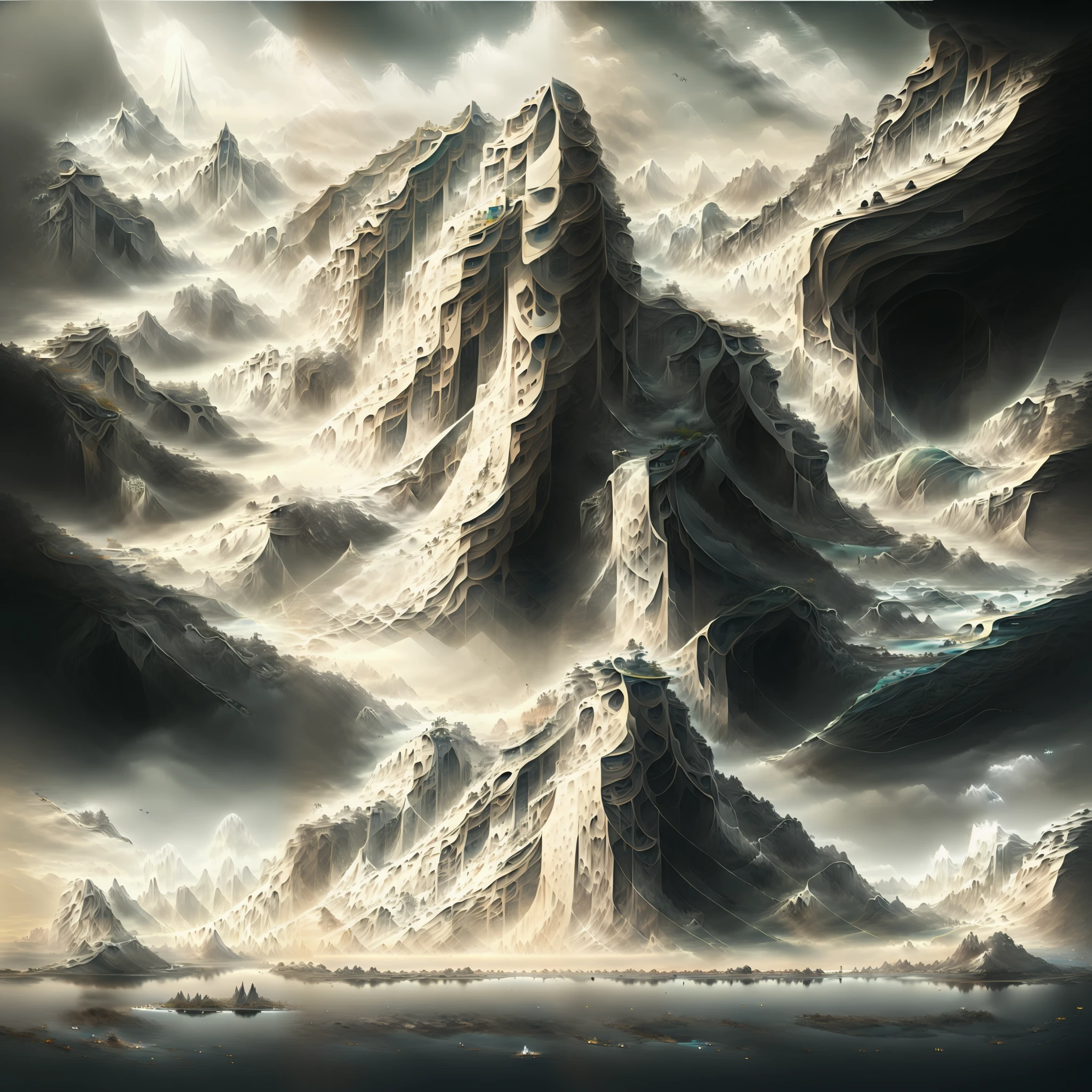 Il y a une peinture numérique d’une montagne avec une cascade, art fantastique épique symétrique, peinture mate organique, paysage le plus épique, peinture numérique mate, peinture mate d&#39;illustration, art conceptuel surréaliste, matte painting », matte painting », art conceptuel dramatique, style d&#39;art numérique fantastique épique, Montagnes flottantes, art numérique fantastique détaillé, peinture numérique onirique, paysage fractal, Cascade extraterrestre