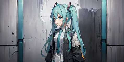 cotton jacket, hatsune miku, white background, standing, best quality (1.3), masterpiece (1.2), character sheet