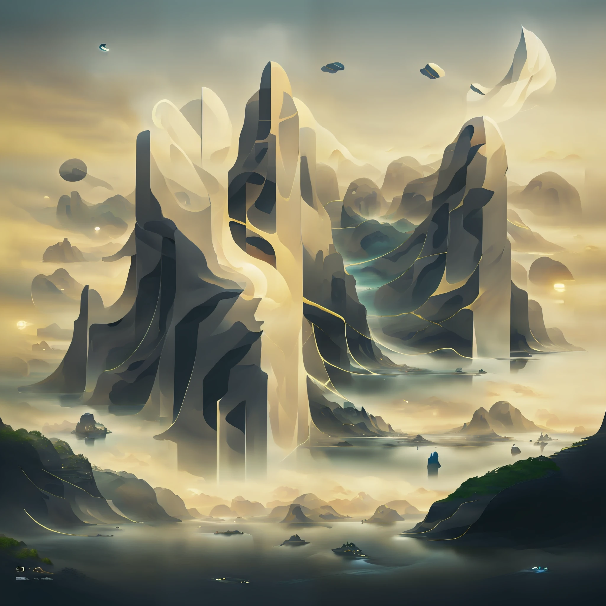 there is a digital painting of a mountain with a waterfall, symmetrical epic fantasy art, organic matte painting, most epic landscape, matte digital painting, illustration matte painting, surreal concept art, matte painting ”, matte painting”, dramatic concept art, epic fantasy digital art style, floating mountains, detailed fantasy digital art, dreamlike digital painting, fractal landscape, alien waterfall