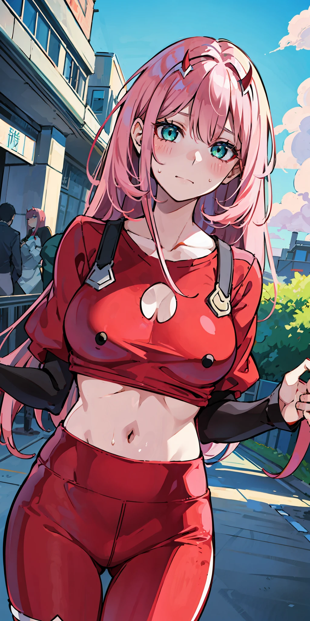 zero two \(darling on franxx\), darling on franxx, 1girl, closed mouth, tired, sweat, bangs, bite, shadow, green eyes, hair behind head, horns, long hair, looking at viewer, big thighs, makeup, small breasts, , shirt, red pants, pink hair, red eyeshadow, science fiction, tight skin, solo