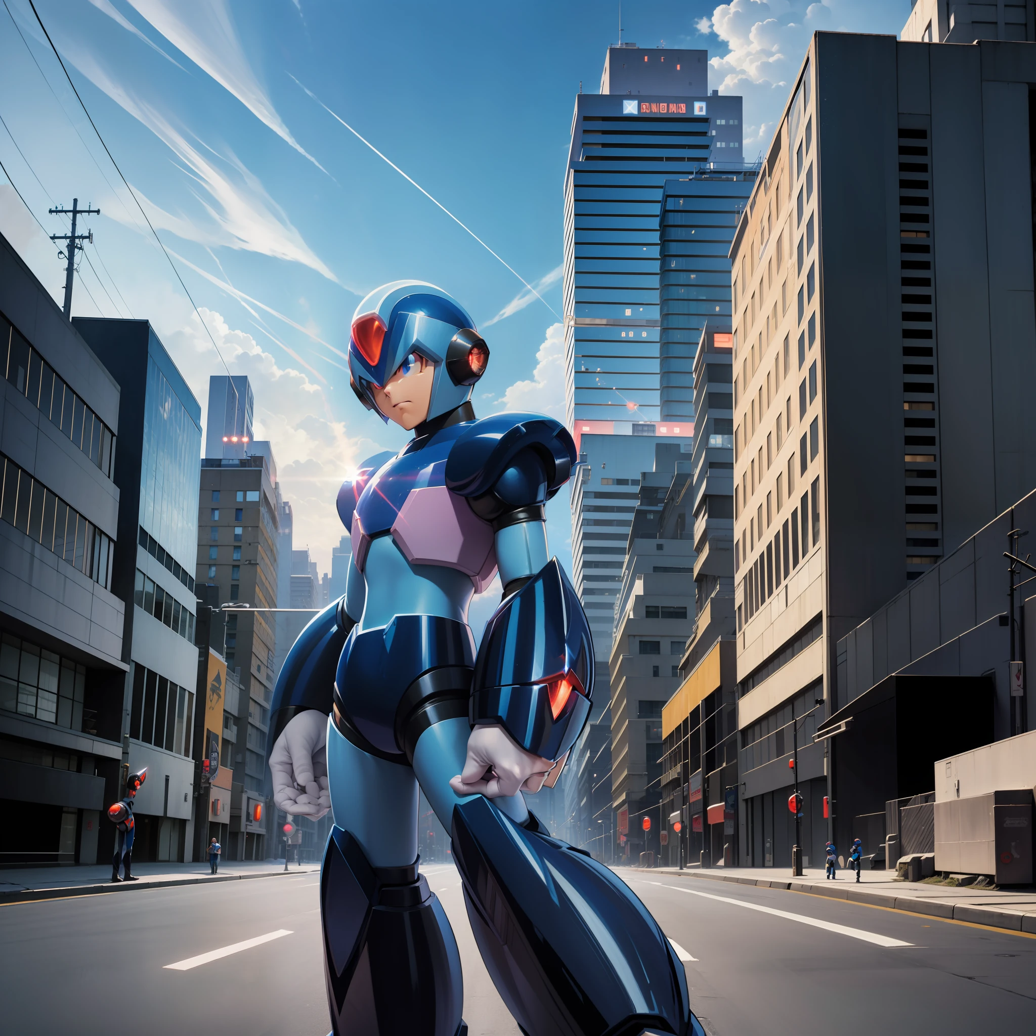 mega man x8, mega man x, mega man x official art, [retro anime art style], old anime, 1980s \(style\), 1990s \(style\), watercolor \(medium\), 1boy, young adult male, short hair, delinquent boy, hard boiled, bad boy, (hyperdetailed:1.15), [detailed], ((best quality)), ((masterpiece)), (soft light, sharp:1.2), (illustration, uhd, unreal engine, sharp focus,), op quality, best quality, official art, ultra detailed texture, ultra detailed hands, ((art by takehiko inoue)), full body, ((fullbody))