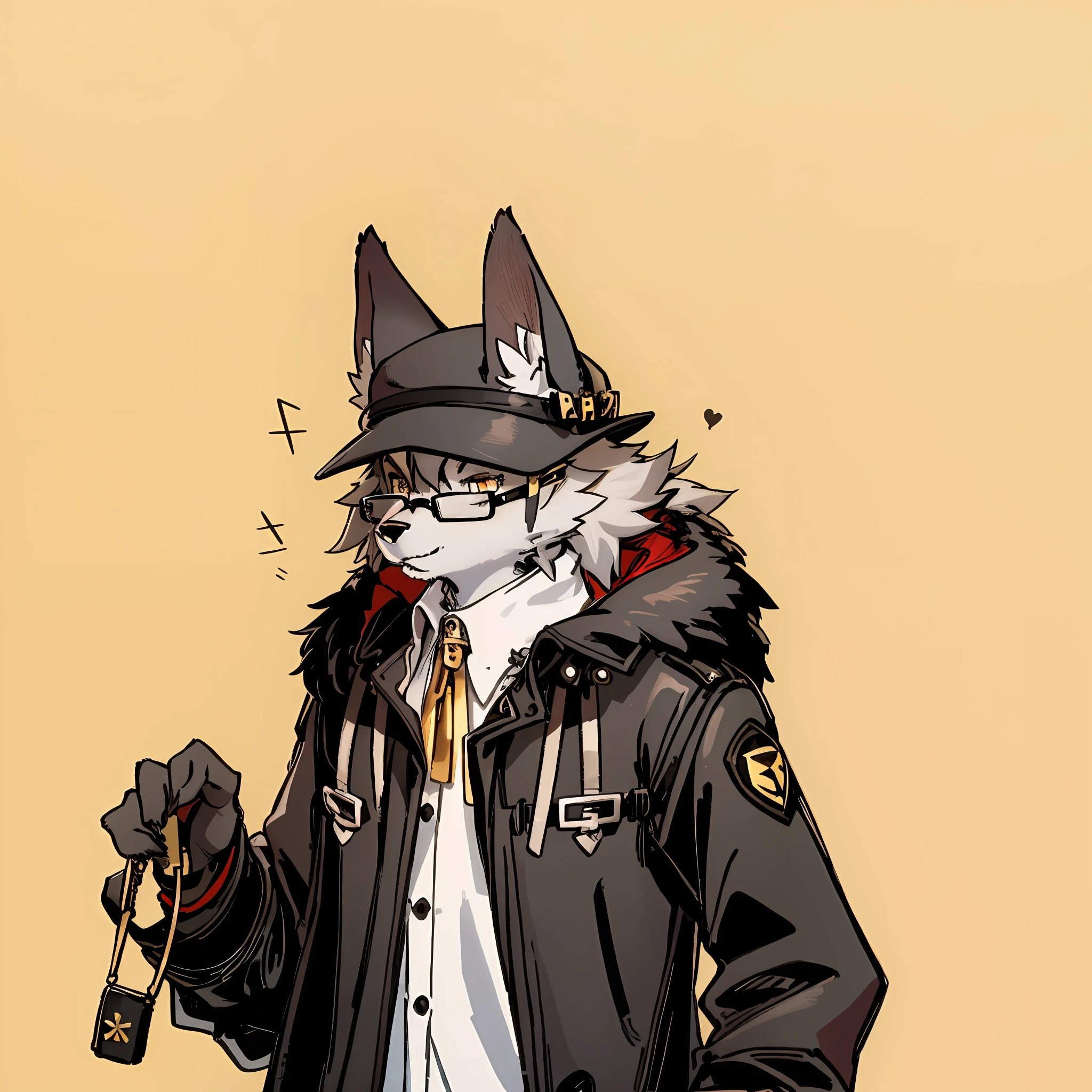 Gray-black fur, golden eyes, glasses, trench coat, berets