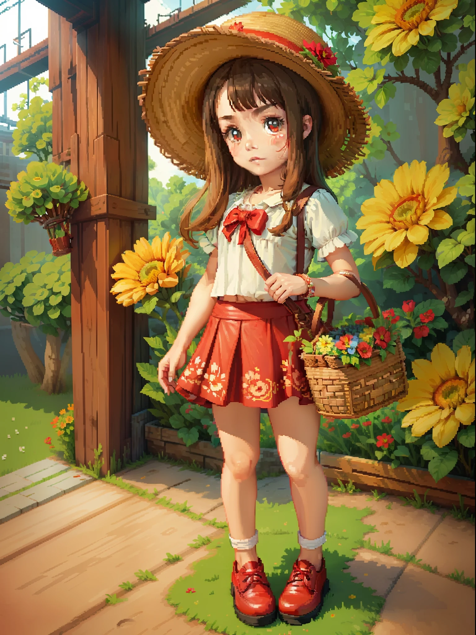 Version AQ d&#39;un , chapeau de paille, panier de fleurs, jupe fleurie, Petites chaussures en cuir rouge, (((style de pixel fort)))