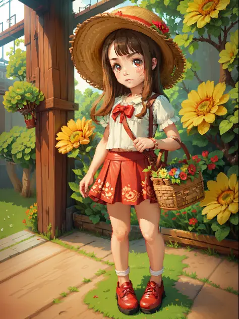 A Q version of a little girl, straw hat, flower basket, floral skirt, little red leather shoes, (((strong pixel style)))