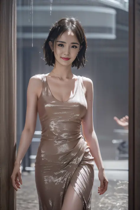 20 year old surreal idol, ultra-thin sleeveless maxi dress, nipple ring, smiling smile, short layer hair, walking without notici...