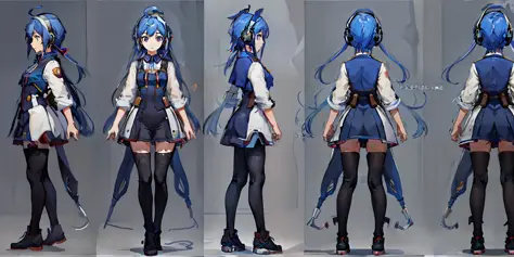 Headphone girl, white background, full body, standing, best quality (1.3), masterpiece (1.2), character sheet