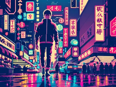 (bokeh effect), (dynamic angle), ((masterpiece)), (streets of tokyo), (zebracross), (raining), (night), empty city, dark, (neon)...