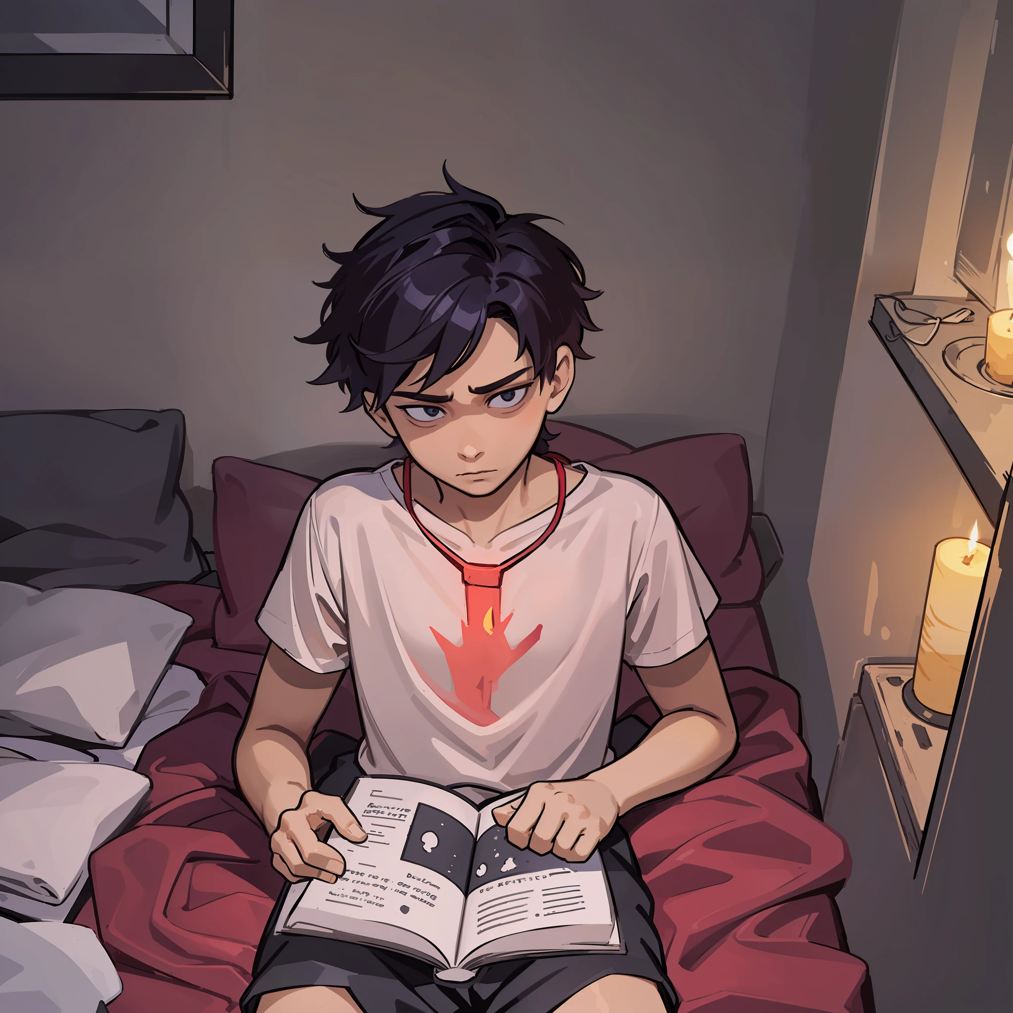 Boy, with a red rope around his neck, lying on bed, reading, wearing white short sleeves, room, candle light, evening, horror atmosphere, shady, desolation, doomsday atmosphere, cool colors, dim environment