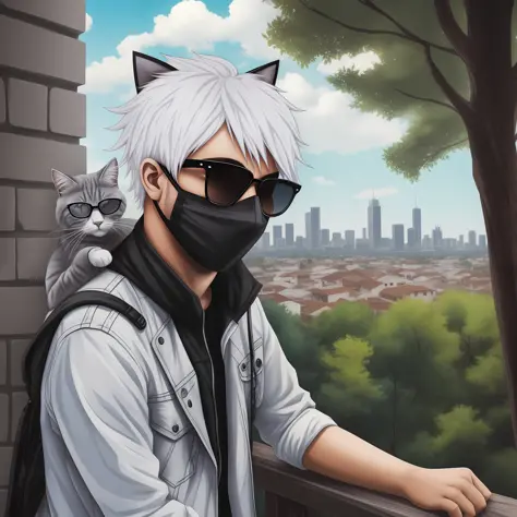 (Amazing scene) Kid with medium hair dyed white wearing black hipster sunglasses, looking out at the landscape with a gray cat s...