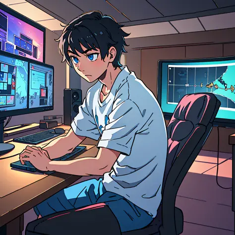 best quality: 1.0), (super high resolution: 1.0), anime boy, short black hair, blue eyes, sitting in front of computer playing g...