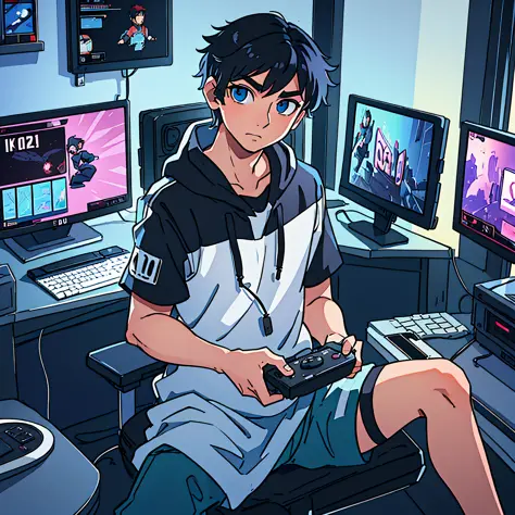 best quality: 1.0), (super high resolution: 1.0), anime boy, short black hair, blue eyes, sitting in front of computer playing g...