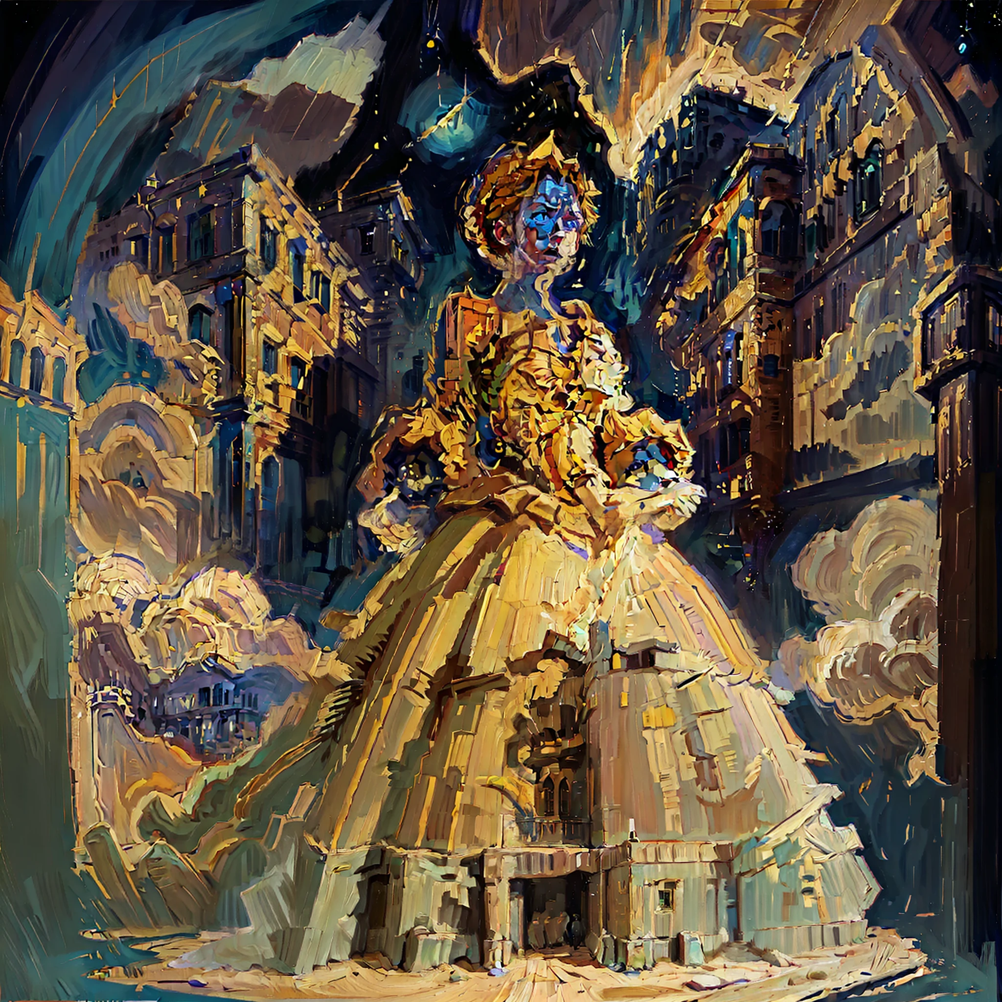 A queen in a golden dress in a baroque library with a painted roof, a roof under the stars