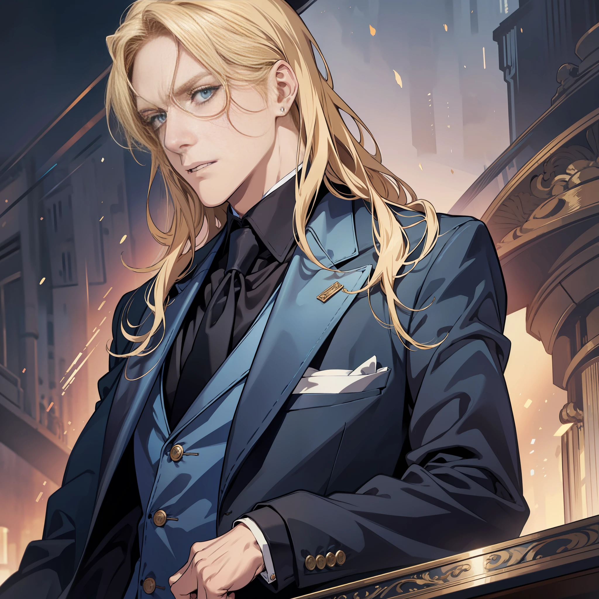 Anime character with long blonde hair in a blue suit and black tie - SeaArt  AI