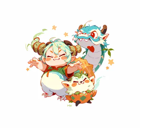Single sticker, 1 sticker, three little dragons, cute little chinese dragon, chinese dragon, anthropomorphic, dragon lady, white...