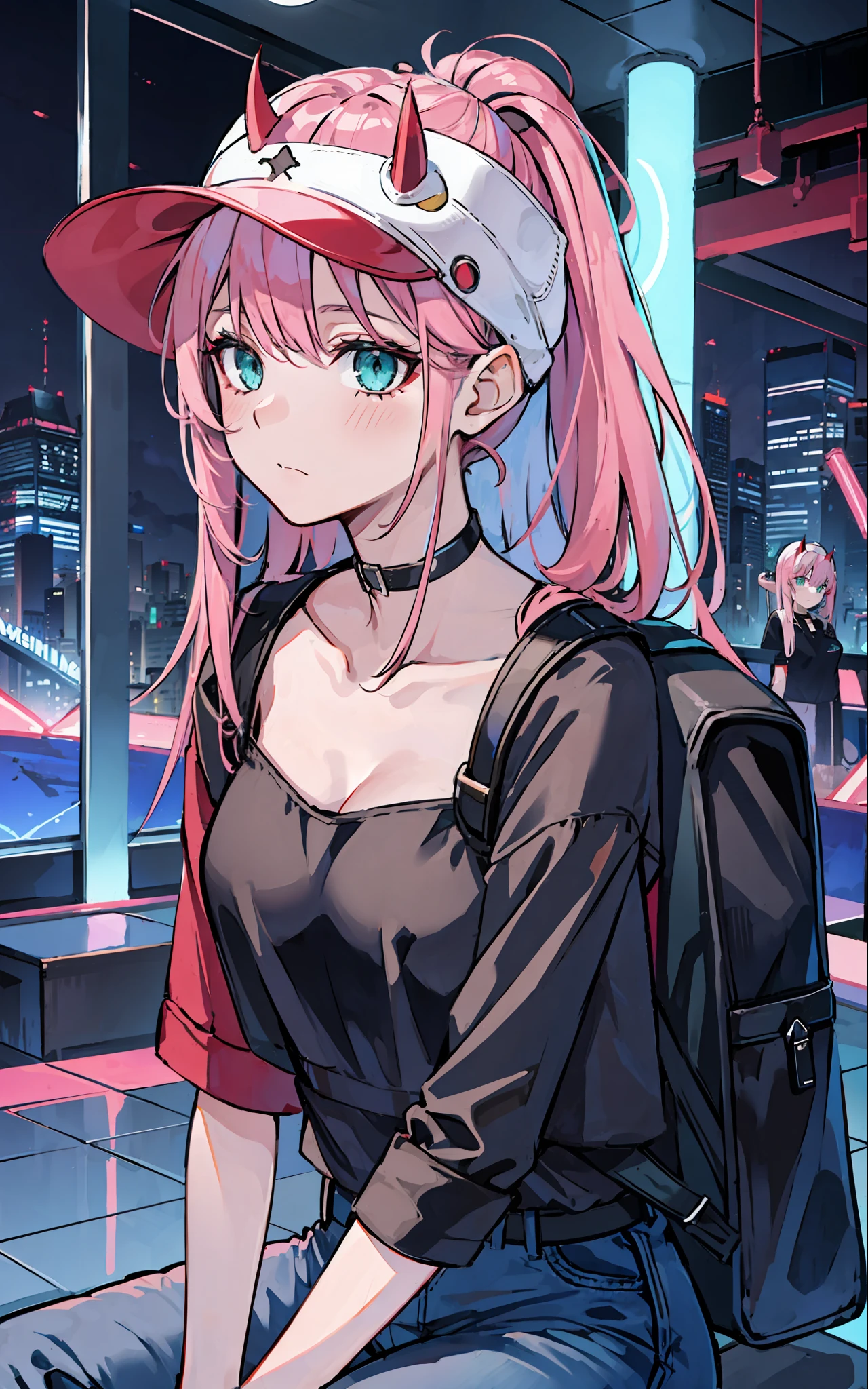 zéro deux \(chérie sur franxx\), chérie sur franxx, 1fille, bouche fermée, frange, casquette noire, Mordre, Le fard à paupières, yeux verts, cheveux derrière la tête, cornes, cheveux longs, regarder le spectateur, grosses cuisses, se maquiller, Petits seins, chemise noire, jeans, Tour de cou noir, Sac à dos noir,cheveux roses, red Le fard à paupières, la science-fiction, peau tendue, seulement, mer, bleu ciel