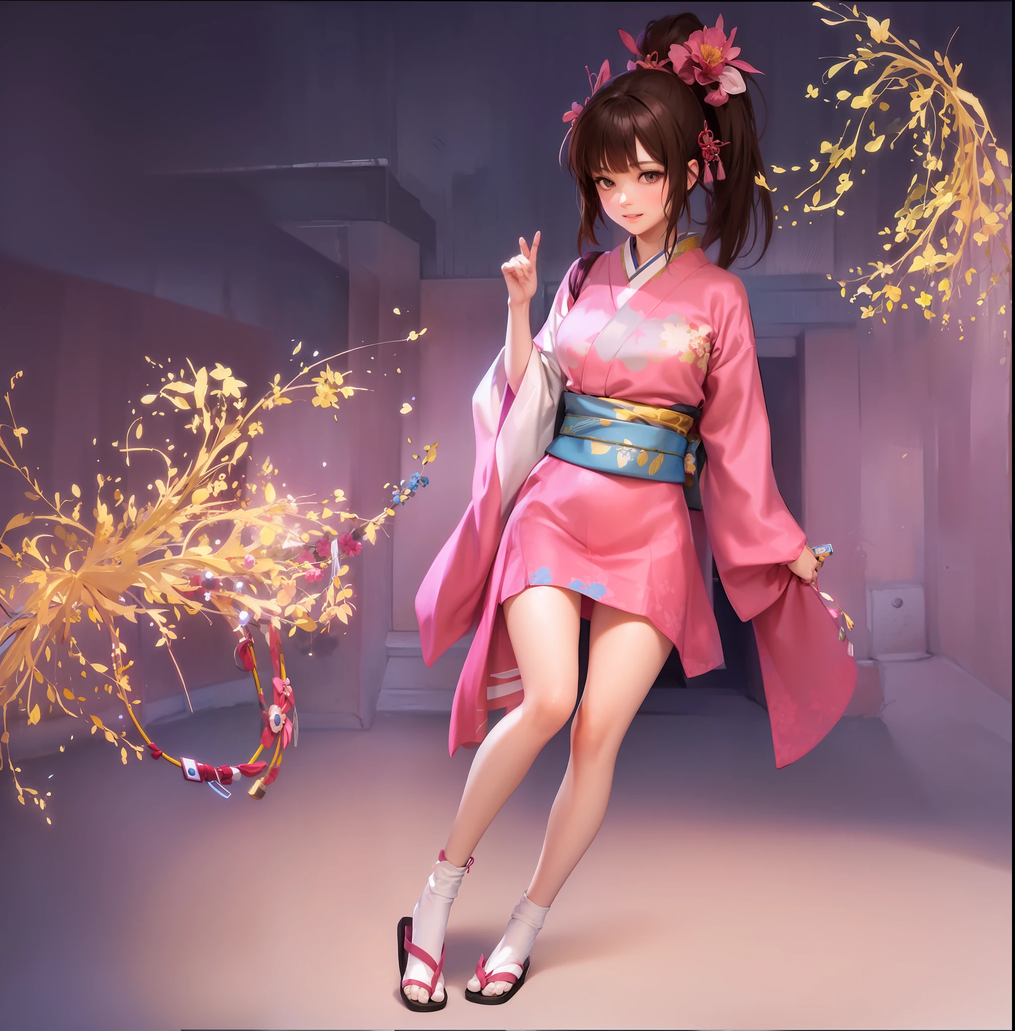 Oichi, brown hair, ponytail, hair ornament, brown eyes, medium breasts, pink kimono, kimono, medium length kimono, long sleeves, tabi socks, red sandals, blue mini skirt, blue obi fastening, blue ribbon on both ankles, clear white skin, gentle smile, realistic, 8K, (photorealistic: 1.4), beautiful eyes, top quality, super detail, 1girl, photon mapping, Physically based rendering, realistic, solo, glowing skin, beautiful white skin, looking at camera, full body