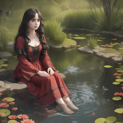 lily collins curly black hair, wearing a detailed medieval red dress sitting on the edge of a pond in a garden with her feet in ...