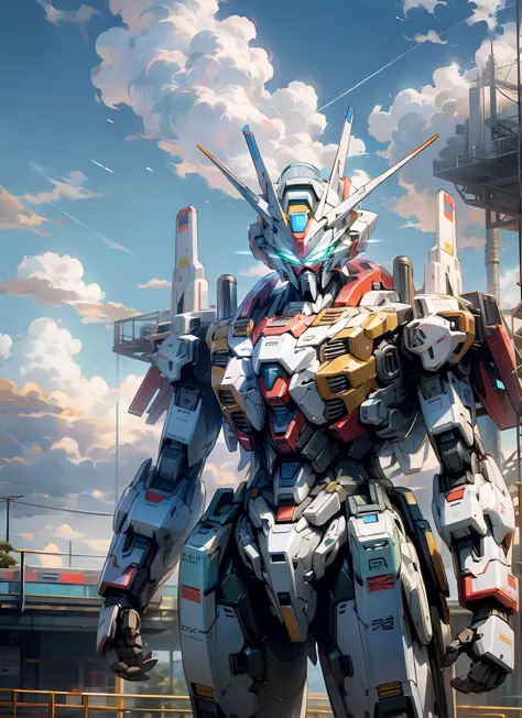 "Gundam, Colorful Sky, Clouds, holds_weapon, no_human, Glow, Robot, Building, radiant_eyes, Mecha, Sci-Fi, Cityscape, Reality, Mechanical" --auto --s2
