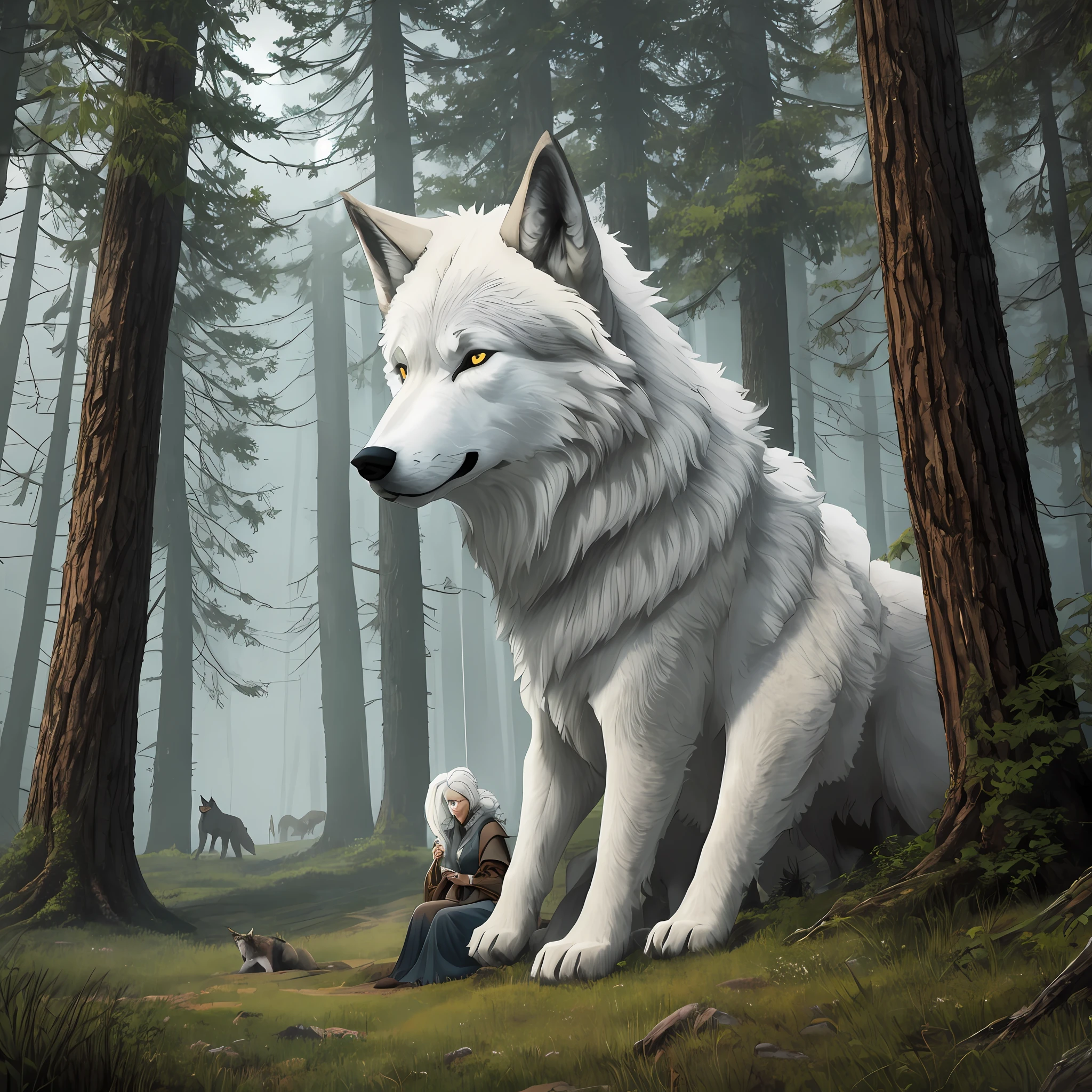 Rustic trees with wolves and a woman among them with white hair curled up with gray sky and lots of super realistic fog --auto --s2