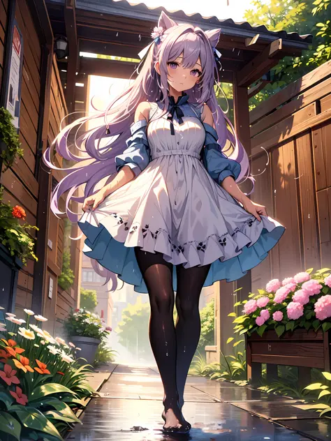 ((Best Quality, 8K, Masterpiece: 1.3)), {{Masterpiece}}, Illustration, Best Quality, Extremely Detailed CG Unity 8k wallpaper, 1girl_solo, full_body, from_below, looking_at_viewer, looking_down, (White pantyhose: 1.3), (Without shoes: 1.3), purple hair, do...
