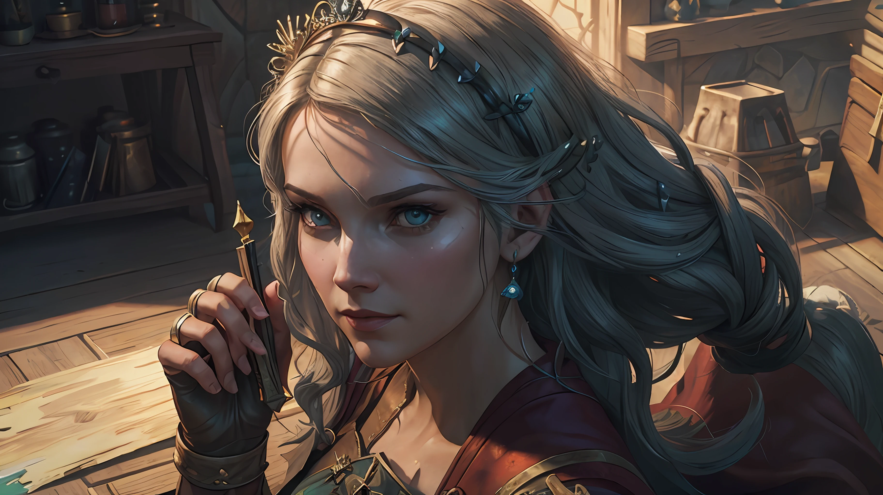 Closeup of a Renaissance princess being painted by an artist, ancient Italy, Renaissance, game art, The witcher style, The Witcher game card, art studio setting, painting studio, ultra-realistic, beautiful, royal, etheral, fantastic fantasy, sunny morning color palette, winning digital art, artstation, best digital art best character design, (backlighting:  1.2), (bright light: 1.1), (chromatic aberration: 1.2), sharp focus, high contrast, (cinematic lighting: 1.2), movie trailer image, fantasy movie, (screen lighting: 1.1) Realism, Ultra-Wide Angle, 135mm, atmospheric perspective, 8k, super detail, award winning, textured skin, super detail, 16k, (anatomically correct 2.2)