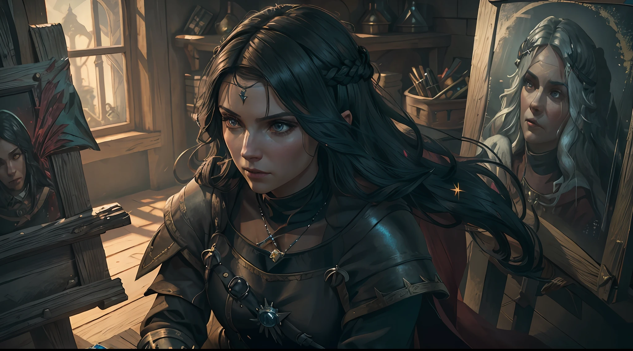 Closeup of a Renaissance princess with black and extremely long hair being painted by an artist, ancient Italy, Renaissance, game art, The witcher style, The Witcher game card, art studio setting, painting studio, ultra-realistic, beautiful, royal, etheral, fantastic fantasy, sunny morning color palette, winning digital art, artstation, best digital art best character design,   (backlighting: 1.2), (bright light: 1.1), (chromatic aberration: 1.2), sharp focus, high contrast, (cinematic lighting: 1.2), movie trailer image, fantasy movie, (screen lighting: 1.1) Realism, Ultra-Wide Angle, 135mm, atmospheric perspective, 8k, super detail, award winning, textured skin, super detail, 16k, (anatomically correct 2.2)