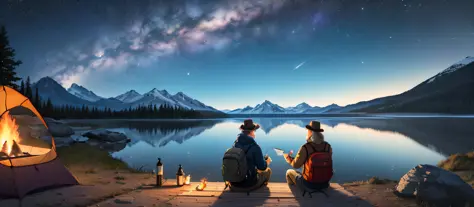 masterpiece, best quality, ultra-detailed, illustration, 1man well dressed, solo, outdoors, camping, night, mountains, nature, s...