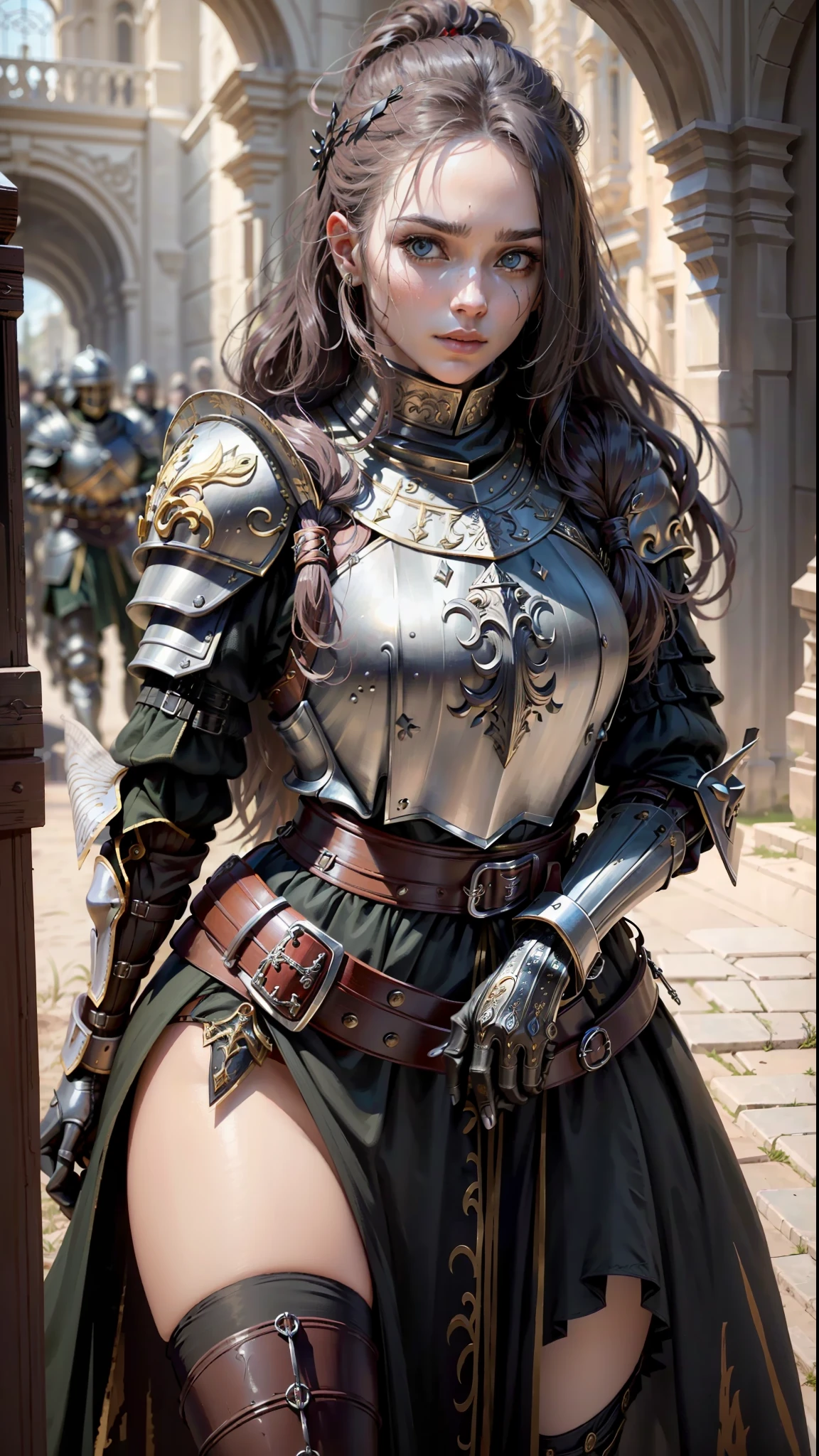 ((Best quality)), ((masterpiece)), (highly detailed:1.3),a woman wearing black armor, long hair. Holding a helmet, armor damaged war scene
