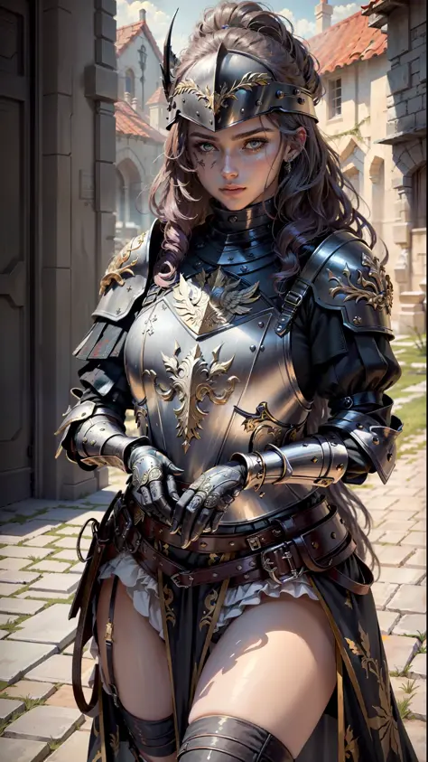 ((Best quality)), ((masterpiece)), (highly detailed:1.3),a woman wearing black armor, long hair. Holding a helmet, armor damaged...